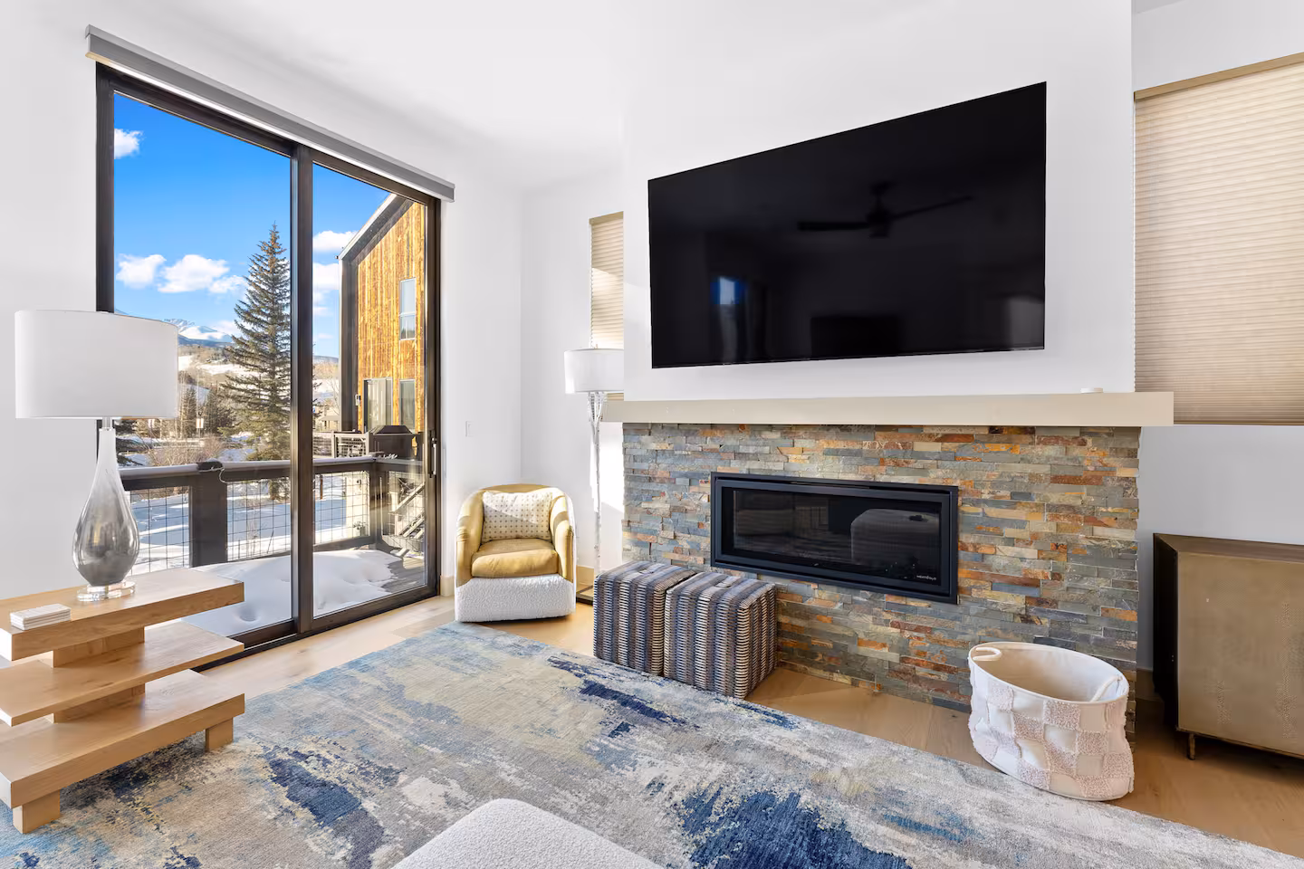 Fireplace and mountain view