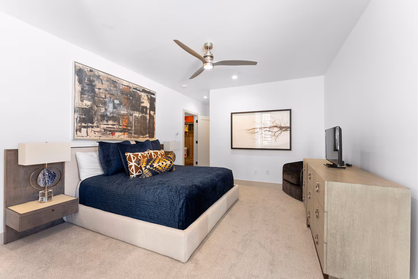 Bedroom with blue bedding
