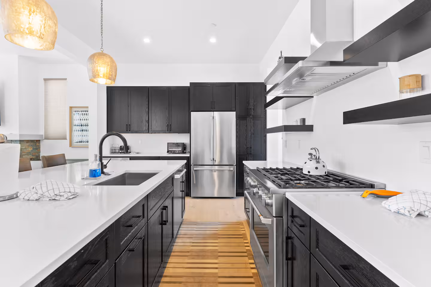 Six-burner range and kitchen island