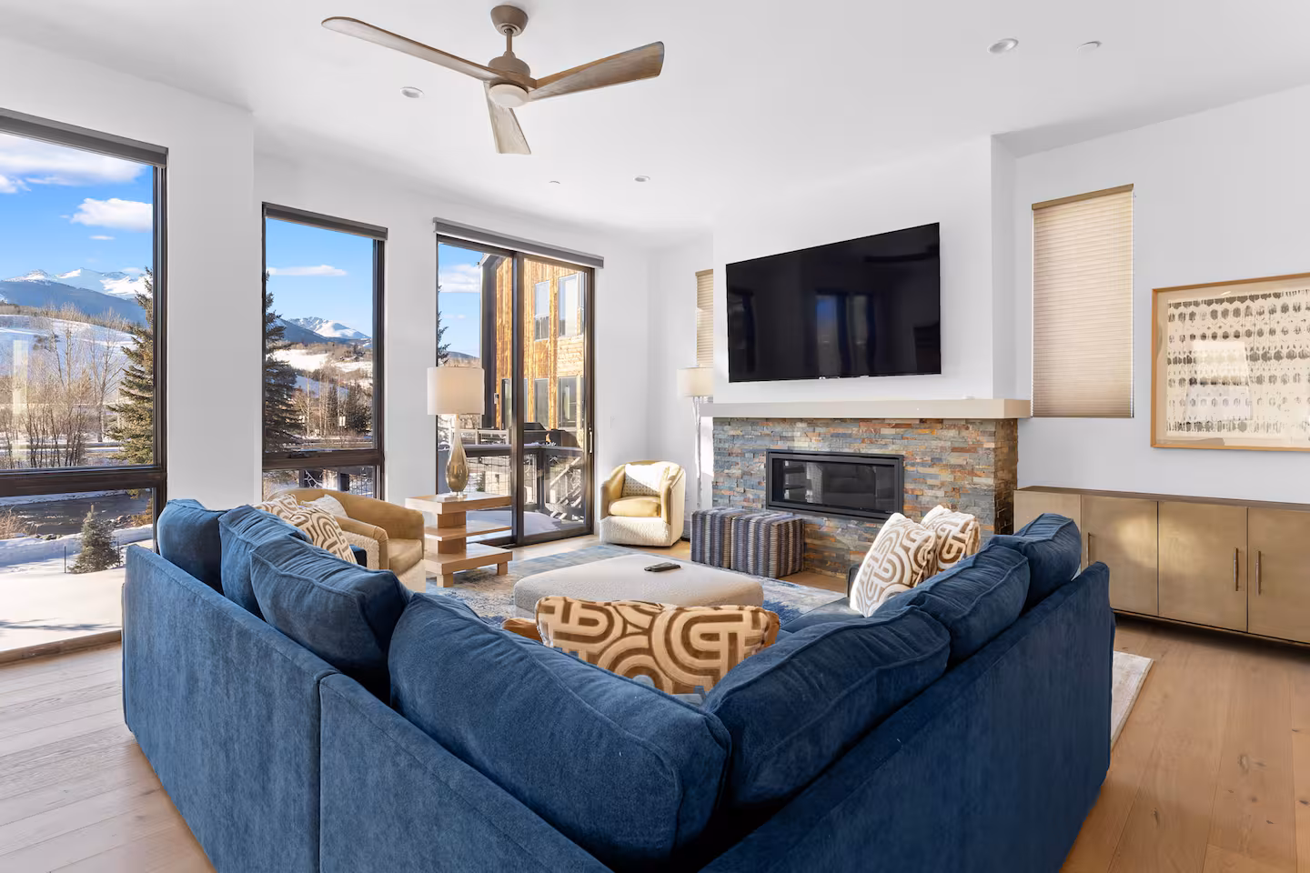 Living room and stone fireplace