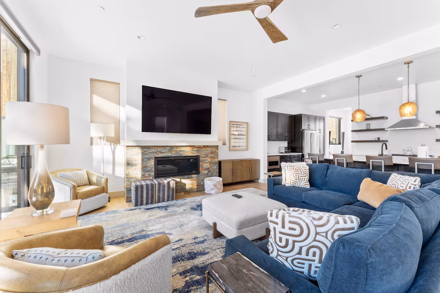 Fireplace and open living room